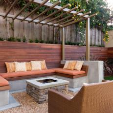 Contemporary Built-In Seating with Fire Pit, Pergola.