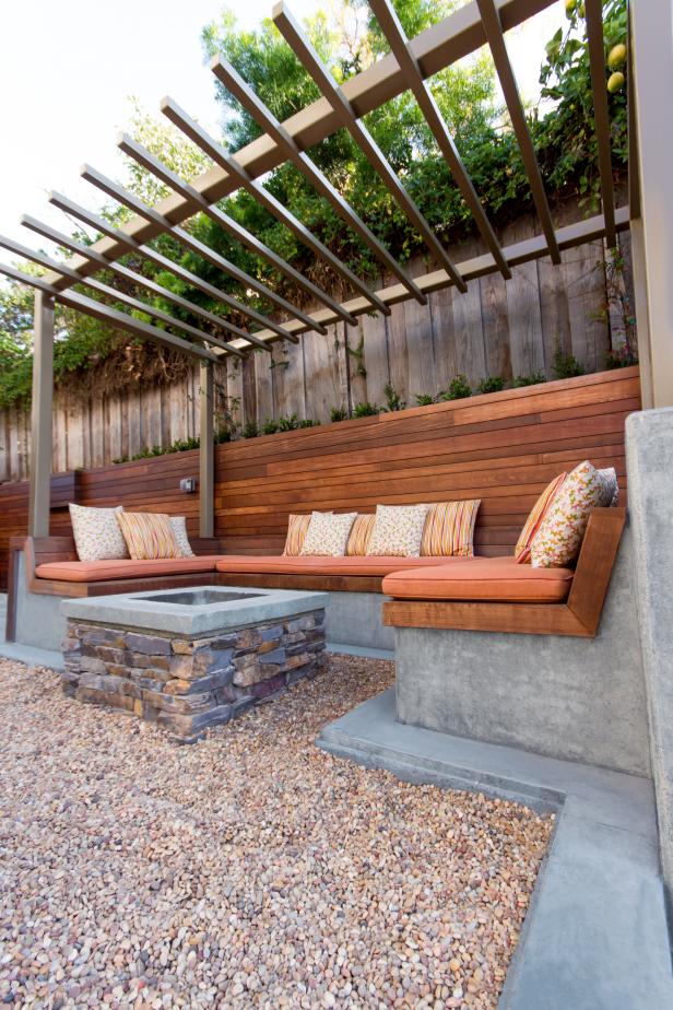 contemporary built-in seating with fire pit | hgtv