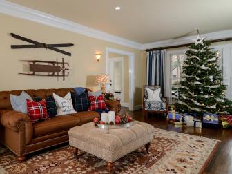 Traditional Living Room Decorated for Winter With Vintage Skis and Sled