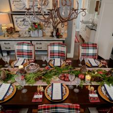 Elegant Tablescape Featuring Plaid, Gold and Greenery