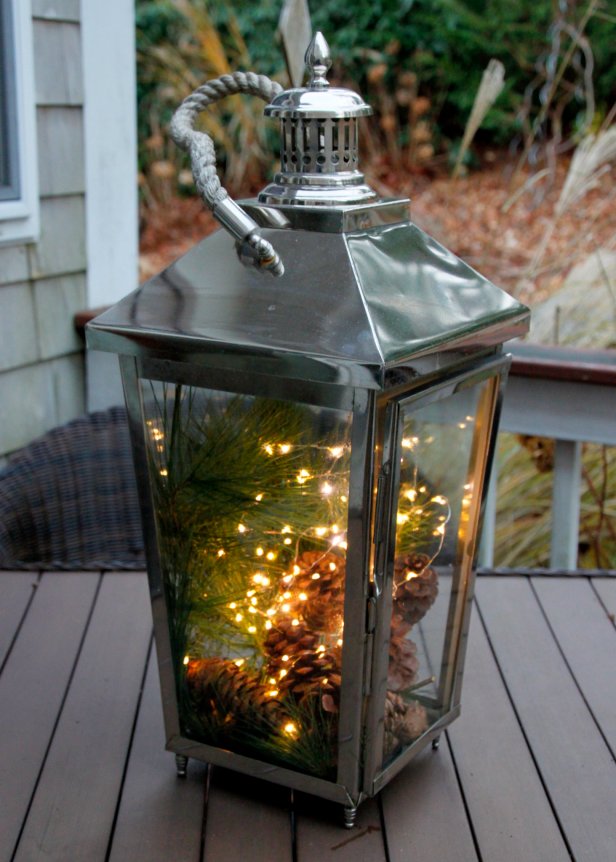 For the holidays fill your outdoor lanterns with greenery,pine cones and battery powered lights. These are perfect for outdoor entertaining.