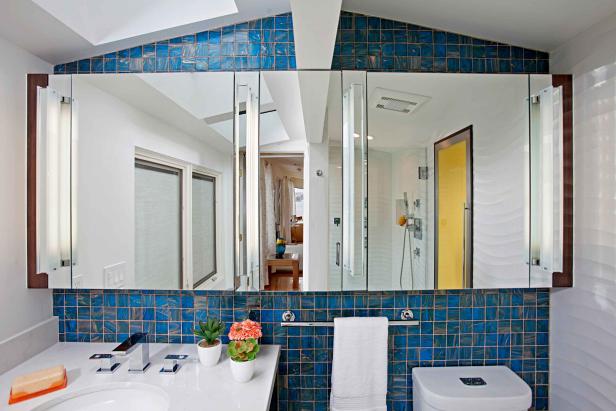 Blue Marble Tile Accent Wall Behind Full Length Mirror ...