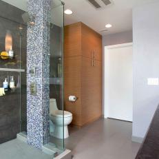 Bright Modern Bathroom With Woodgrain Armoire Cabinet and Glass Shower With Accent Tile Column 