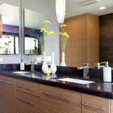 Modern Bathroom Vanity With Black Marble Countertop, Woodgrain Cabinets and Large Mirror