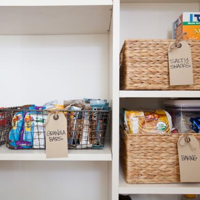 Labeled Baskets in Pantry