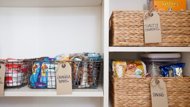 Labeled Baskets in Pantry