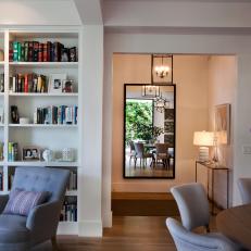 Built-In Bookshelf and Gray Armchair