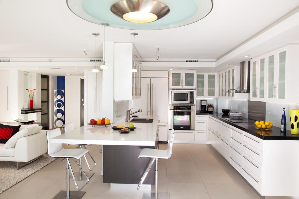 White Modern Kitchen and Living Area