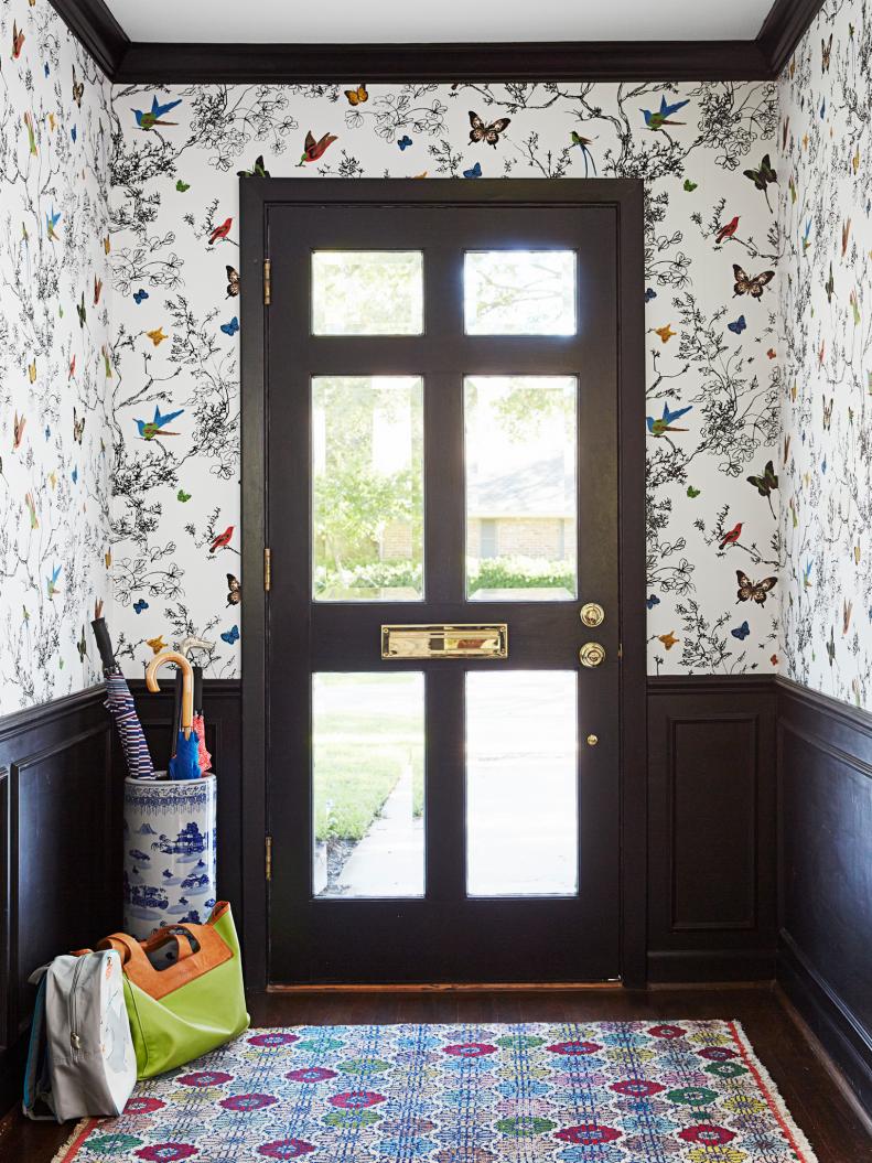 entryway with butterfly wallpaper