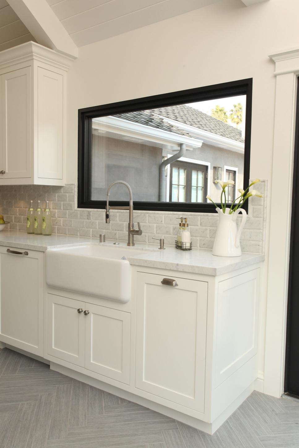 Transitional White Kitchen Features Black Window Frame Farmhouse Sink Hgtv