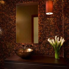 Warm, Contemporary Powder Room With Floating Vanity & Vessel Sink