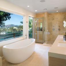 Contemporary Bathroom Features Freestanding Tub & Shower for Two