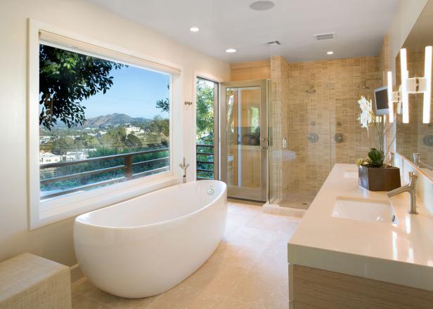 Contemporary Bathroom Features Freestanding Tub Shower For Two