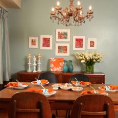 Cool Blue Transitional Dining Room Features Sparkling Chandelier & Vintage Table & Chairs