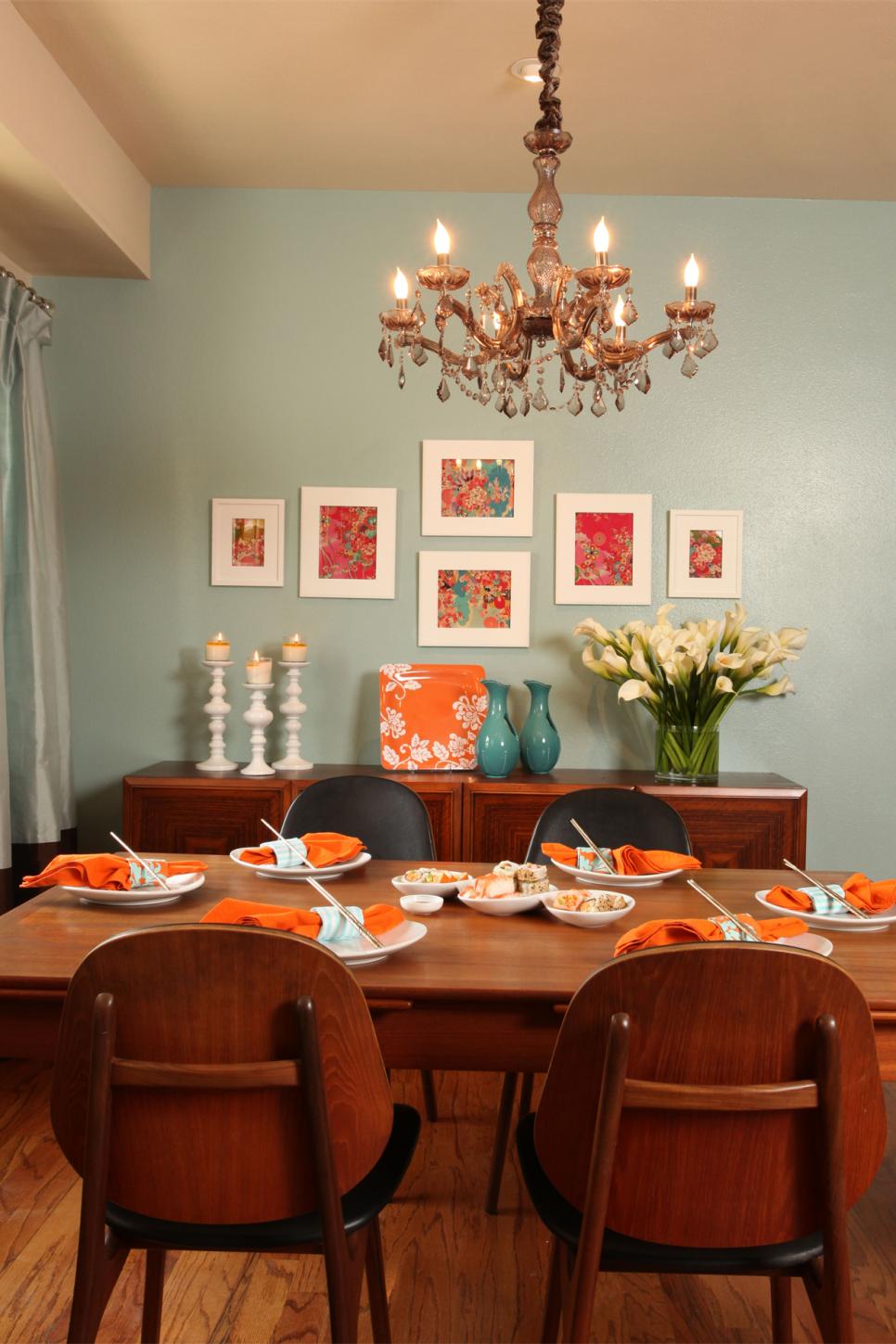 Cool Blue Transitional Dining Room Features Sparkling Chandelier ...