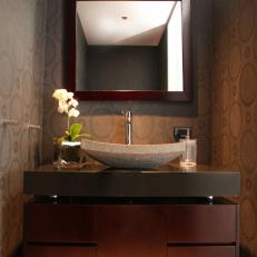 Contemporary Powder Room Features Sophisticated Vanity & Granite Vessel Sink