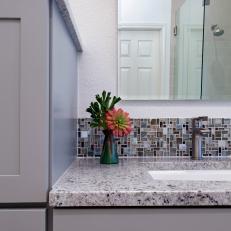Transitional Bathroom Features Mosaic Tile Backsplash