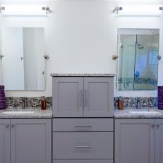 Transitional Bathroom With Double Vanity & Raised Linen Cabinet