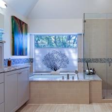 Transitional Bathroom Boasts Bathtub & Frameless Glass Shower