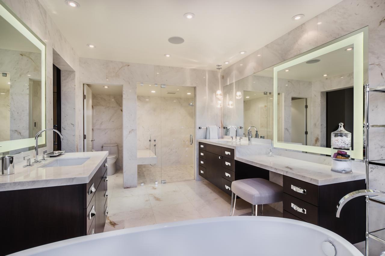 Contemporary White Marble Spa Bathroom With Dressing Table
