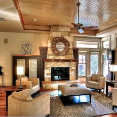 Craftsman Living Room Boasts Tray Ceiling & Stone Fireplace
