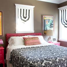 Brown Eclectic Bedroom With Red Nightstand