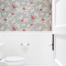 Blue and White Powder Room With Floral Wallpaper