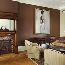 Brown Traditional Living Room With Wood Mantel
