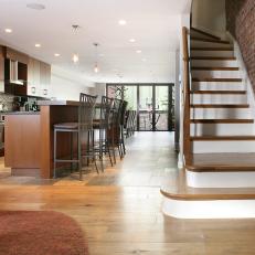 Brown Open Plan Kitchen and Stairs
