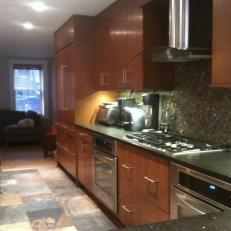 Brown Contemporary Open Plan Kitchen With Range Hood
