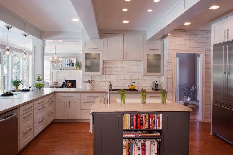 White Transitional Kitchen With White Cabinets and Gray Island