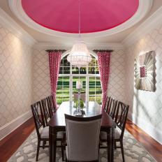 Pink and White Transitional Dining Room With Pink Domed Ceiling