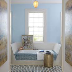 Blue Bathroom With Mosaic Tile Soaking Tub
