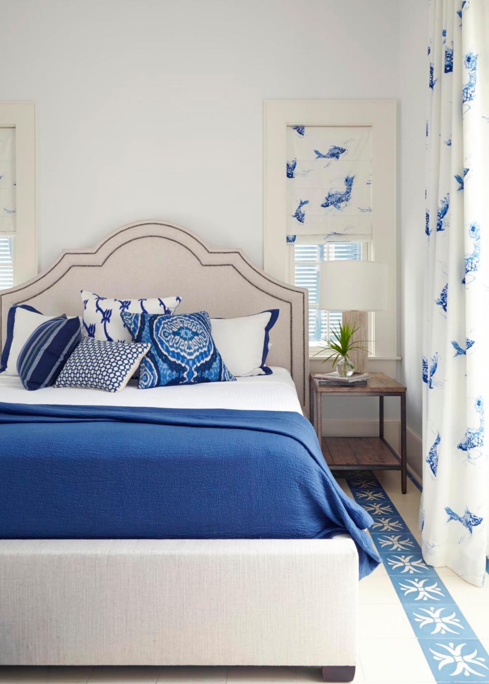 Blue and White Transitional Bedroom With Upholstered Bed | HGTV