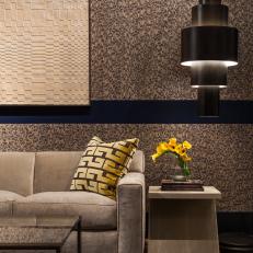 Dark, Rich Patterned Contemporary Sitting Room With Yellow Accent Details 