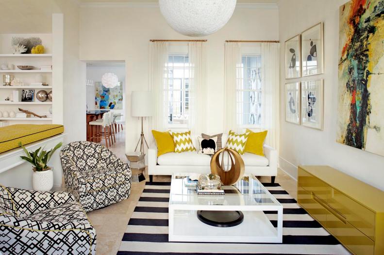Midcentury Modern White Living Room With Yellow Accents