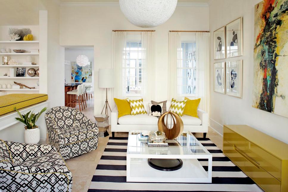 Contemporary White Living Room With Bold Geometric Patterns