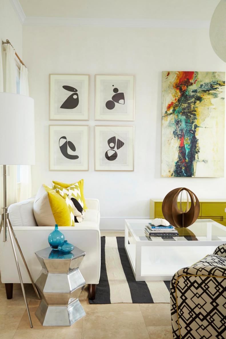 White Midcentury Modern Living Room With White Sofa and Yellow Accents