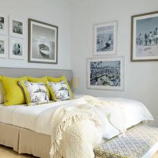 Retro White Bedroom With Chartreuse and Gray Accents