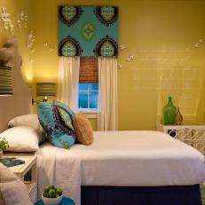 Yellow Eclectic Bedroom With Blue Valances