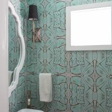 Turquoise Contemporary Powder Room With Graphic Wallpaper