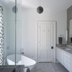 Gray and White Contemporary Spa Bathroom With Curtains