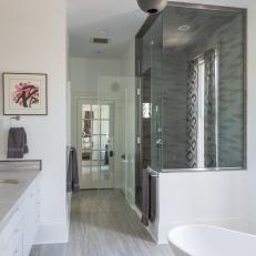 White and Gray Spa Bathroom With Globe Pendant Light