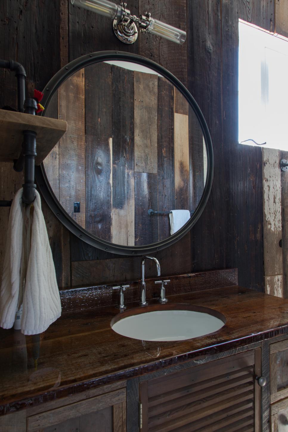 Round Bathroom Mirror And Rustic Wood Vanity Hgtv