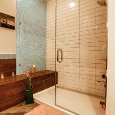Contemporary Shower Boasts Blue Mosaic Tile Accent Wall