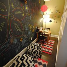Eclectic Playroom Features Secret Room Behind Bookshelves