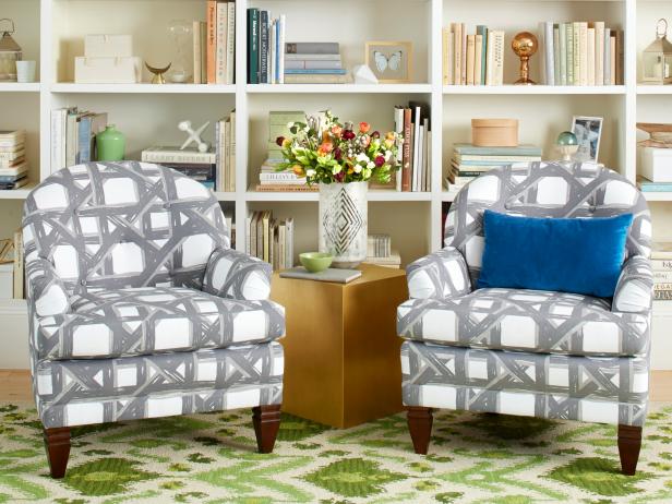 gray and white patterned armchairs 
