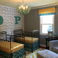 Twins Nursery Features Teal & Yellow Accents & Large Letter Wallhangings