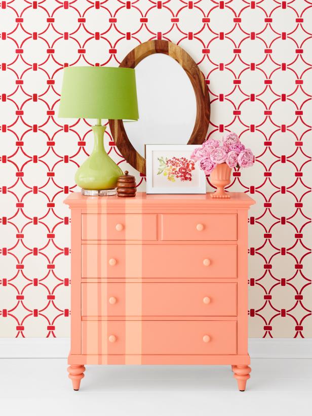 peach and coral striped dresser