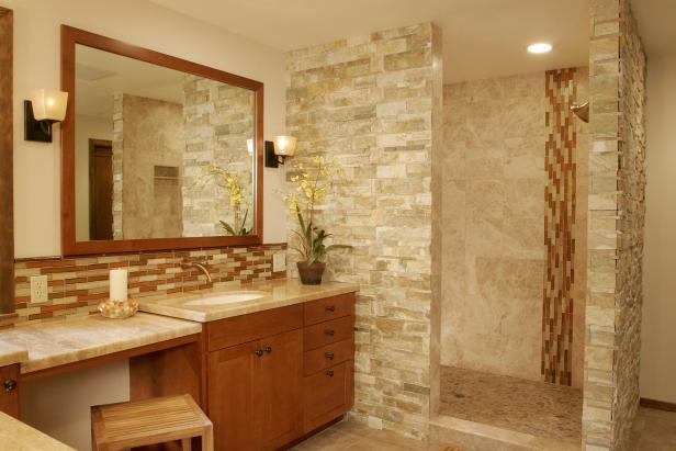 Neutral Natural Stone Bathroom With Mosaic Glass Tile 